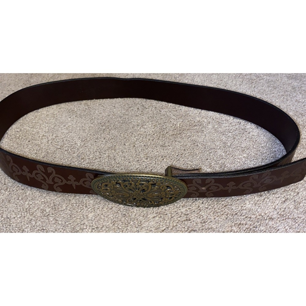 Candies Brown Tooled Leather Belt Y2K Womens Large Metal Oval Buckle 31-33"